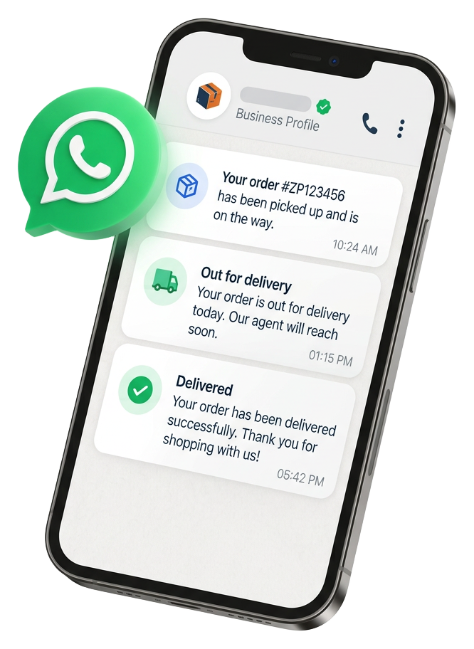 A phone showing automatic WhatsApp parcel updates